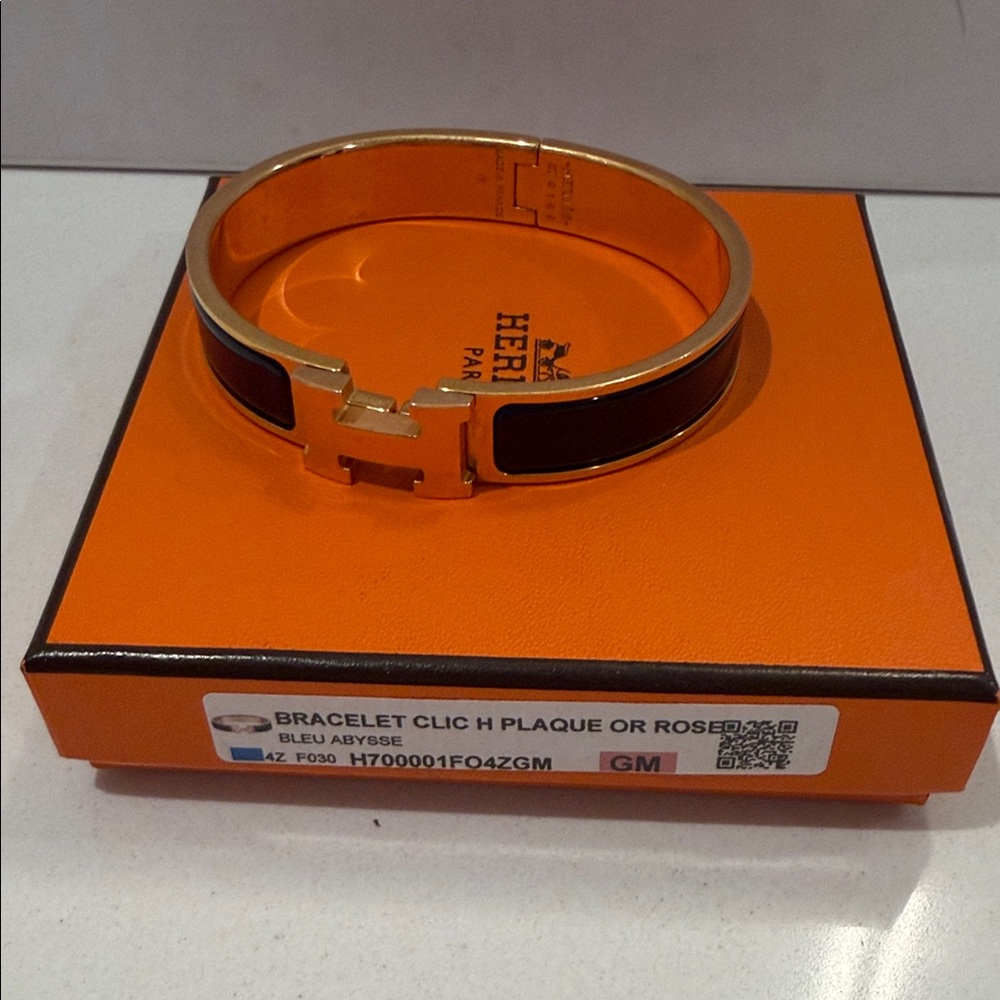 Hermes Rose Gold and Navy Clic H Bracelet GM